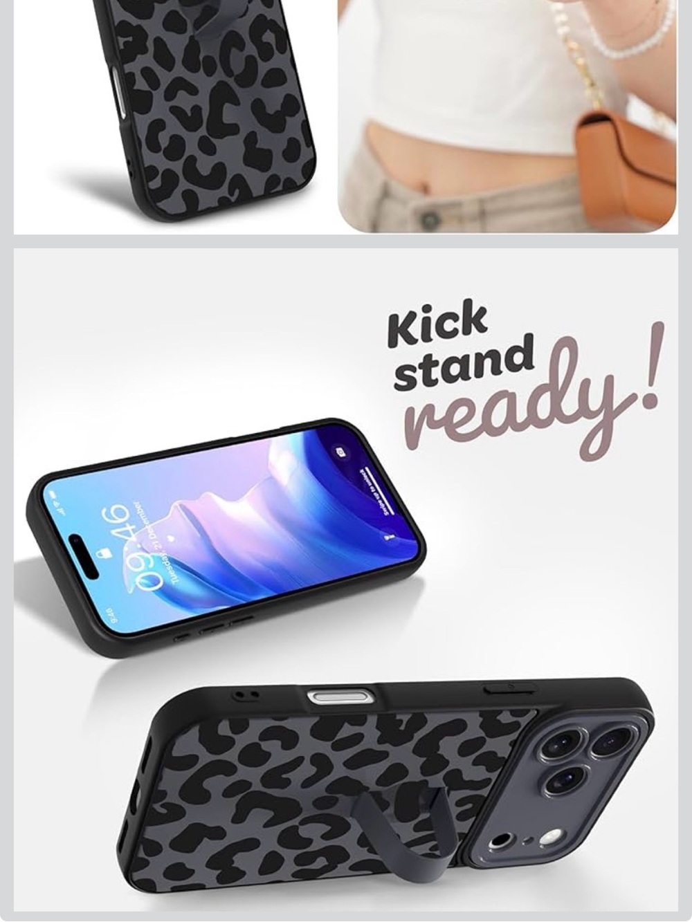 iPhone 17 Black Leopard Print Phone Case with Built-In Kickstand - Picture 6 of 7